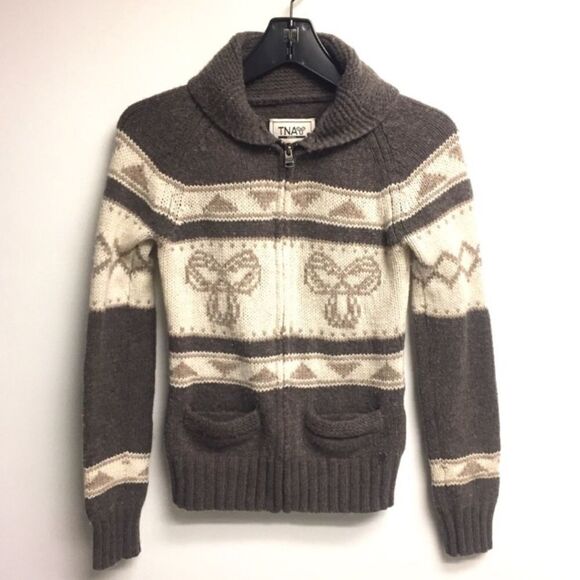 Aritzia Sea To Sky Cowichan Wool Chunky Knit Zip Front Cardigan Sweater Brown S - Picture 2 of 6